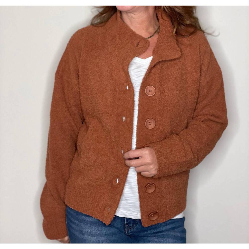 NEW HELLO NITE plush button jacket in terracotta